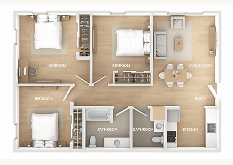 Floor plan for 3 beds, 1.5 baths, 1029 sqft
